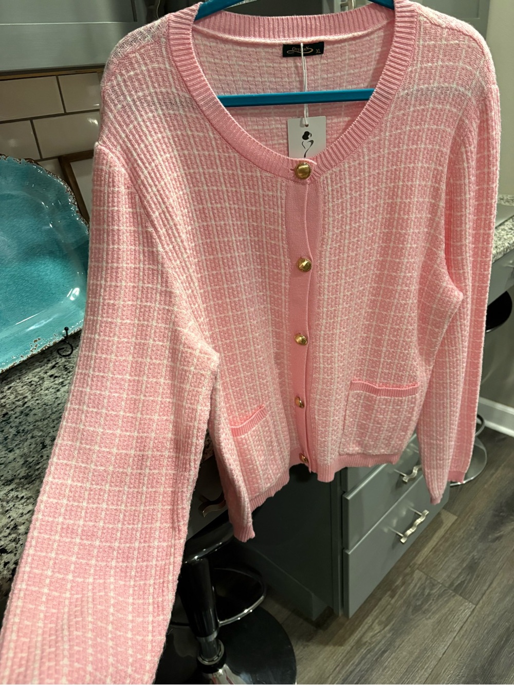 Chic Pink Knit Cardigan Sweater with Gold Buttons